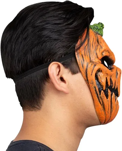 Vista 2 de Máscara de calabaza embrujada de Ghoulish Prodcutions. Máscara de calabaza naranja. Máscara de látex de calabaza aterradora. Máscara de látex