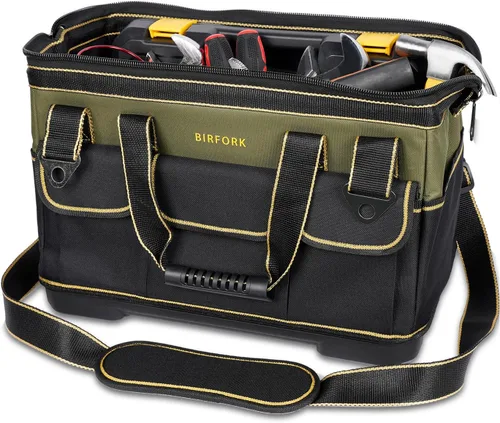 Vista 10 de Bolsa de herramientas resistente con 16 bolsillos, organizador de herramientas impermeable de 16 pulgadas con base reforzada, correa de hombro