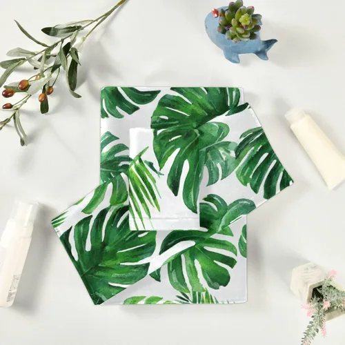Vista 6 de Vdsrup Juego de 3 toallas de baño de verano con hojas de palma tropical, toallas de mano de hojas de selva tropical, toalla suave y fina