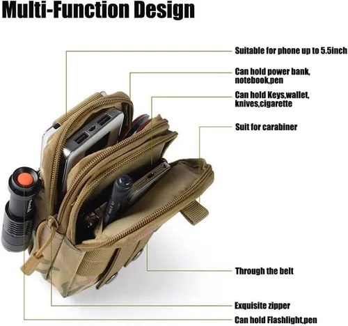 Vista 3 de Bolsa táctica para teléfono, bolsa para teléfono celular, bolsa multiusos para cinturón EDC, bolso de cinturón con soporte para funda para teléfono