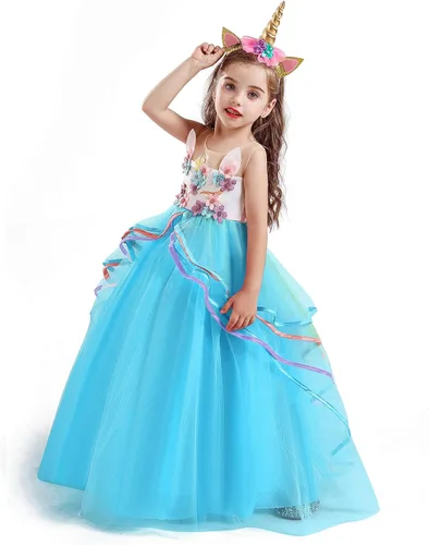 Vista 4 de TTYAOVO Vestido largo de tul de princesa para niña disfraz de unicornio con flores