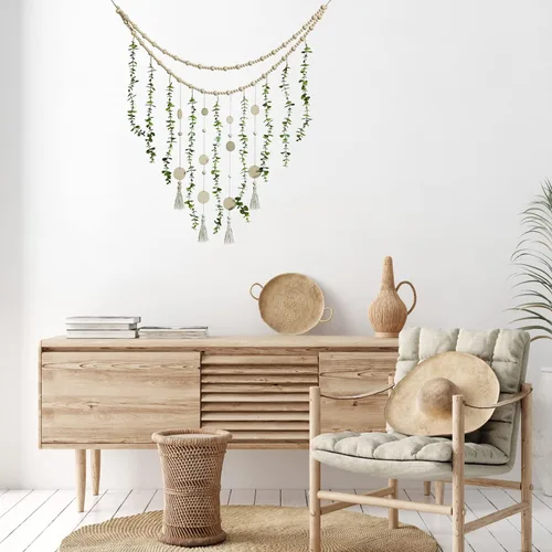 Vista 6 de Jetec Guirnalda Colgante de Eucalipto Boho para Pared de Dormitorio Grande, Guirnalda de Perlas de Madera Artificial con Vegetación Natural