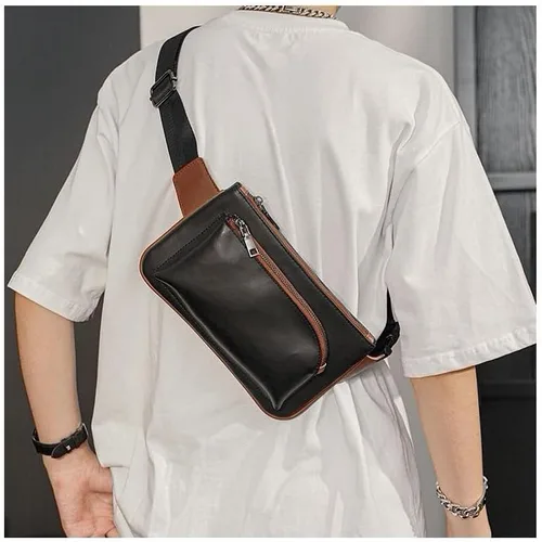 Vista 5 de Bolso bandolera de cuero para hombre, mochila de hombro en el pecho, bolso cruzado impermeable al agua
