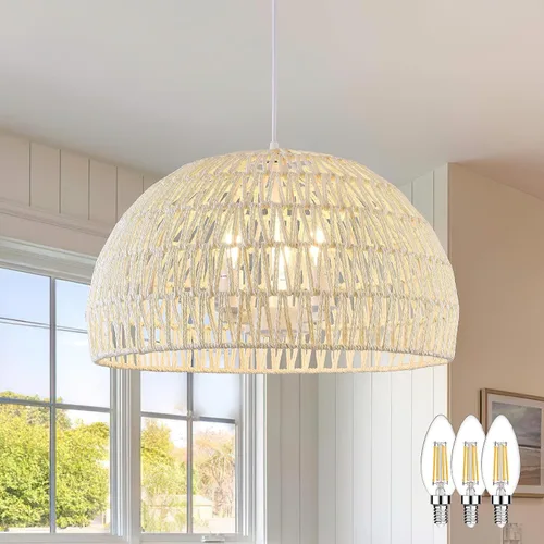 Vista 12 de Ayshwill Dec Lámpara de araña negra tejida estilo boho de ratán y mimbre con cúpula, lámpara colgante para comedor, dormitorio, isla de cocina