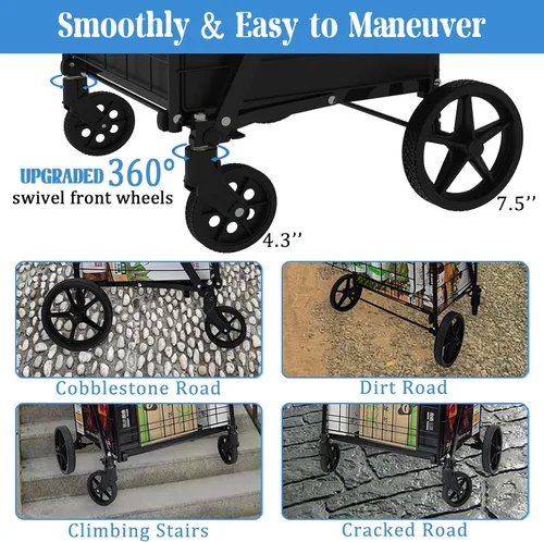 Vista 4 de Carrito de Compras Plegable de Servicio Pesado para Comestibles, Carritos de Comestibles Jumbo con Ruedas Giratorias de 360°, Bolsa Impermeable