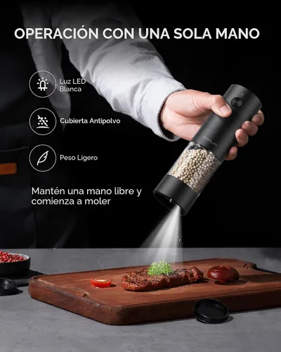 Vista 2 de FORLIM Juego de molinillo eléctrico de sal y pimienta, recargable por USB, molinillo automático de sal y pimienta con cubierta antipolvo, control