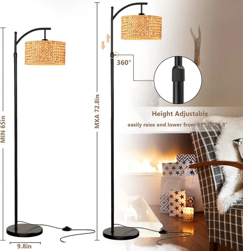 Vista 8 de QIYIZM Lámpara de pie para sala de estar, dormitorio, estilo granja, arco, ratán, boho, lámpara de pie con control remoto regulable, pantalla