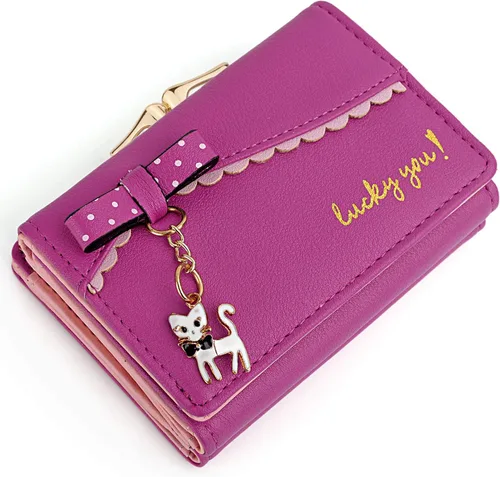 Vista 6 de UTO - Billetera para niñas de cuero vegano, lindo gato colgante, organizador de tarjetas, monedero para mujeres, Zoe Rose Red, S