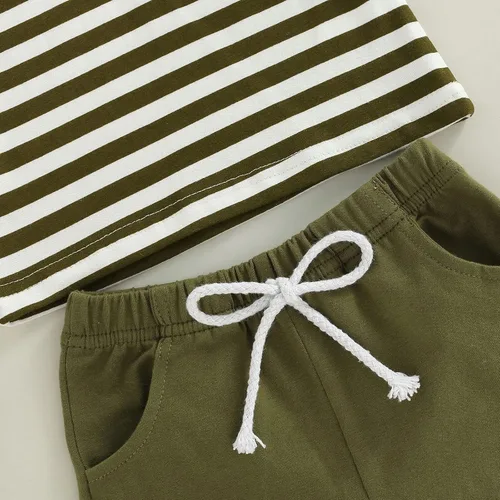 Vista 6 de Conjunto de ropa casual de manga corta con botones y pantalones cortos de lino para bebés y niños pequeños