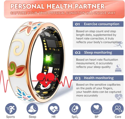 Vista 2 de Smart Ring - Rastreador de salud para mujeres y hombres, rastreador de sueño con frecuencia cardíaca, SpO₂, presión arterial, anillo de fitness