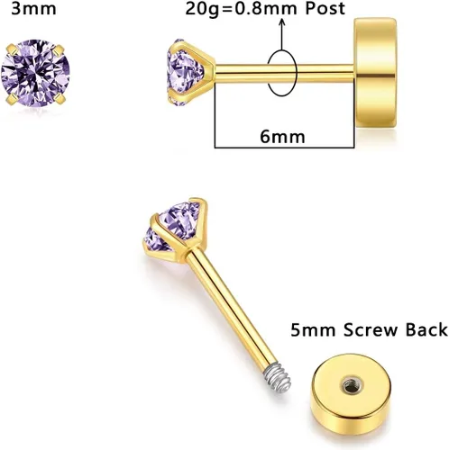 Vista 21 de 3mm Tiny CZ Flat Back Stud Earrings,14K Gold Small Screw on Cubic Zirconia Earrings for Cartilage Helix Tragus Piercing Jewelry Gift for Women Girls