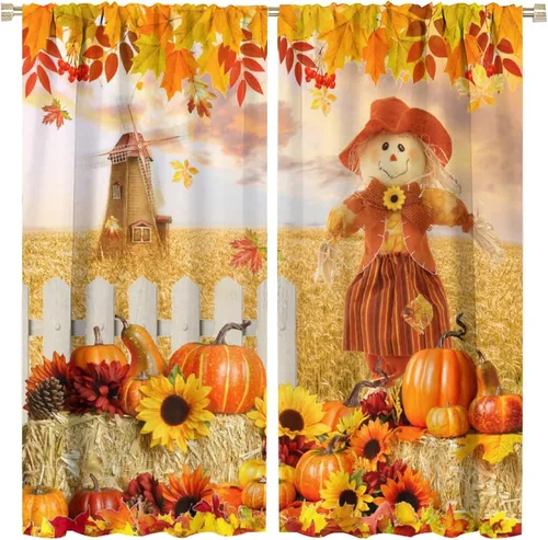 Vista 31 de Divertidas cortinas opacas de calabaza y espantapájaros para sala de estar, rústicas de otoño, hojas de arce, girasol, cosecha de otoño, puesta