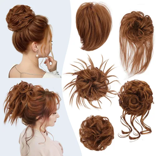 Vista 9 de HMD 5 piezas de moño despeinado para mujer, extensión de cabello con banda de goma elástica, extensión de cabello largo y desordenado, accesorios