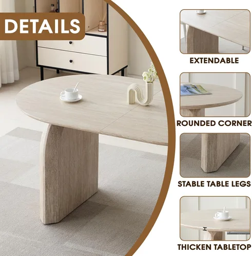 Vista 9 de Mesa de comedor ovalada extensible, mesa de cocina moderna de madera con parte superior de MDF y patas de pedestal dobles, mesa de 59.06 a 90.55