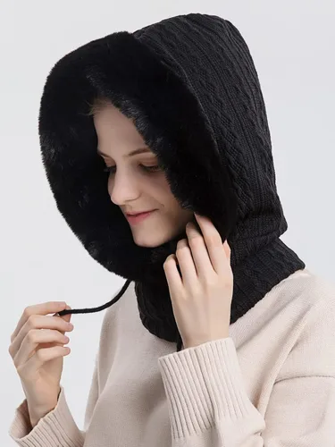 Vista 6 de Sombreros de invierno para mujer, de una pieza, con capucha, de piel sintética, cálida, pasamontañas, gorro de punto