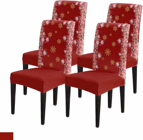 Vista 45 de Savannan - Juego de 4 fundas para sillas de árbol de Navidad, bolas de copos de nieve de color rojo invierno, fundas elásticas para sillas Parsons