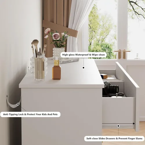 Vista 4 de Cómoda blanca para dormitorio, cómoda de 46.5 pulgadas para armario dorado (Metal Golden)
