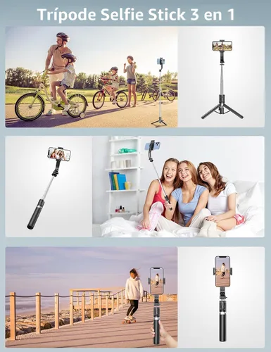 Vista 6 de Palo selfie con trípode y luz, palo selfie de 45'' con control remoto inalámbrico, trípode portátil para teléfono compatible con iPhone 16/15 Pro