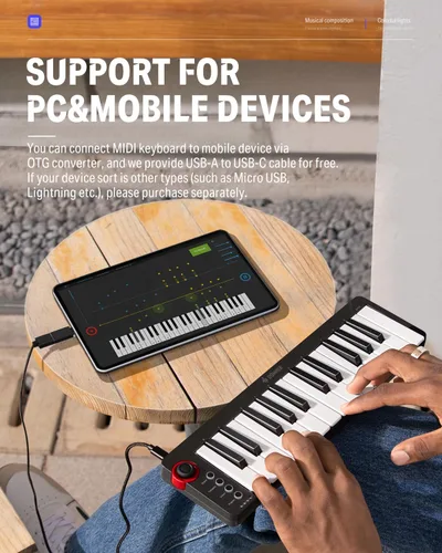 Vista 7 de Donner - Mini teclado MIDI N-25, controlador MIDI de 25 teclas, regalos para principiantes con mini teclas sensibles a la velocidad, software