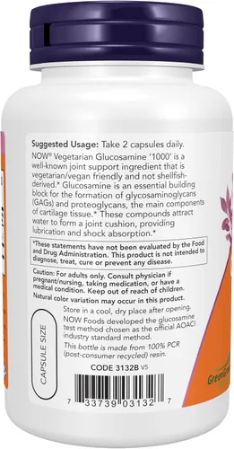 Vista 3 de NOW Foods Suplementos, Glucosamina '1000' (GreenGrown® Glucosamina), Vegetariana, 90 Cápsulas Vegetarianas