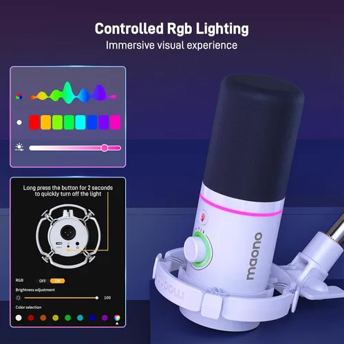 Vista 7 de MAONO Kit de micrófono dinámico XLR/USB, micrófono de podcast RGB con software, silencio, perilla de ganancia, control de volumen, brazo de brazo