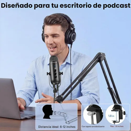 Vista 7 de ZealSound - Micrófono para podcast con brazo de brazo, micrófono USB con reducción de ruido, silencio, eco y control de volumen, monitoreo