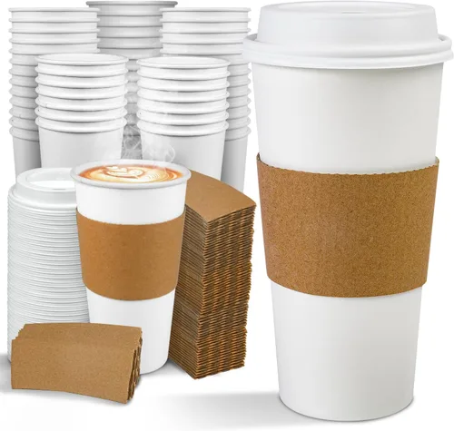 Vista 7 de Ginkgo Paquete de 100 Tazas de Café de Papel Engrosado de 8 oz con Tapas y Fundas Blancas, Tazas de Café Desechables para Llevar para Café Espresso