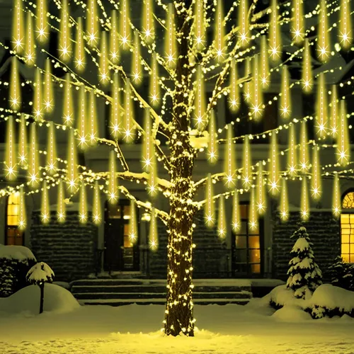 Vista 9 de Luces de lluvia de meteoros al aire libre, luces navideñas, 24 tubos, 576 LED, efecto de caída de nieve, lluvia en cascada, carámbanos, luz