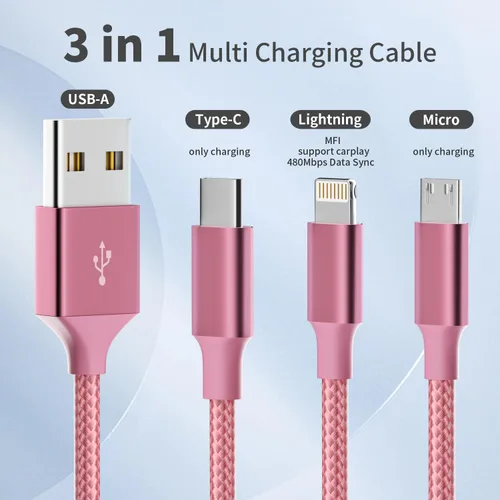 Vista 2 de Cable de carga múltiple, (paquete de 2 cables de 4 pies), cable de carga 3 en 1 para múltiples dispositivos, cable de carga universal de nailon Rosa