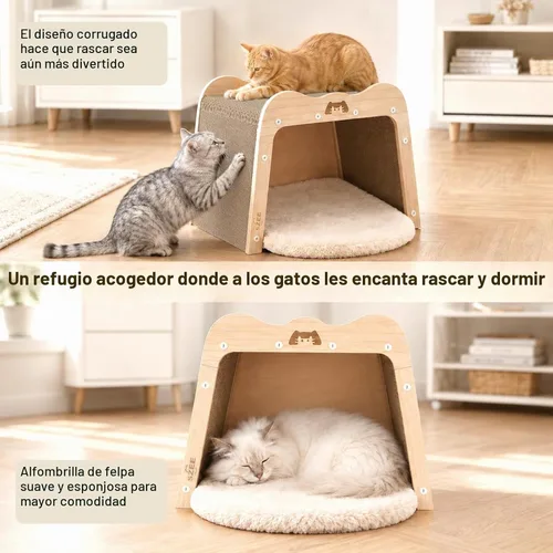 Vista 2 de SZEE Cama rascador para gatos y casa de cartón de madera maciza para gatos