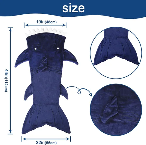 Vista 5 de Softan Manta de tiburón para niños, franela suave, juguetes para niños, manta de forro polar con cola de tiburón, azul oscuro, cálida y suave