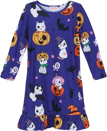 Vista 16 de JESKIDS Camisones de niñas de manga larga con estampado de dinosaurios, vestido de pijama Azul lindo perro