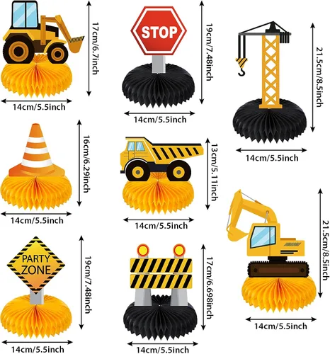 Vista 2 de Zonon 8 piezas de centros de mesa de construcción para fiesta de cumpleaños, suministros de decoración de panal de abeja para auto, camión, zona