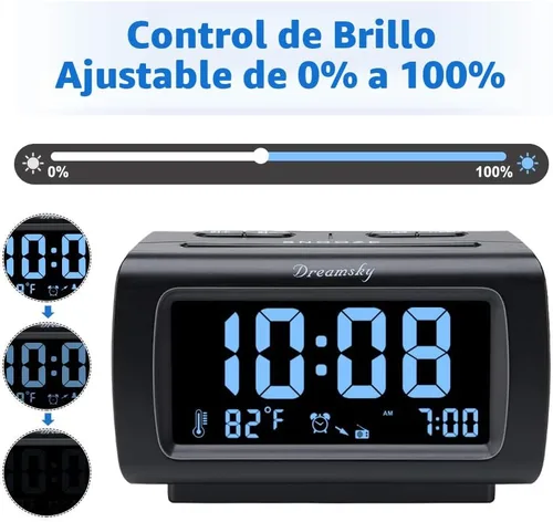 Vista 4 de DreamSky - Relojes despertadores de radio para dormitorios con respaldo de batería, números grandes y brillantes con regulador de intensidad, puerto
