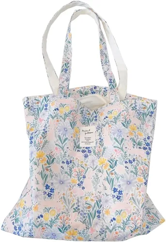 Vista 29 de Floral Canvas Tote Bag Double-Sided Printed Cloth Cotton Tote Floral Shoulder Bags for Beach Travel Shopping Grocery
