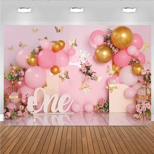 Vista 6 de Telón de fondo de 1er cumpleaños para niña, globos rosados, mariposa dorada, dulce para niños, decoración de fiesta de cumpleaños, fotografía