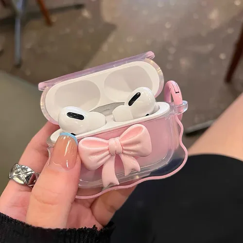 Vista 9 de Bonita funda transparente para AirPods Pro 2/1 Gen, diseño de lazo 3D femenino, funda protectora y a prueba de golpes de TPU suave Kawaii para Apple
