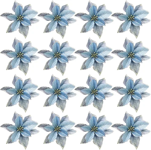Vista 8 de Flores de purpurina de adorno para el árbol de Navidad, paquete de 12 Azul