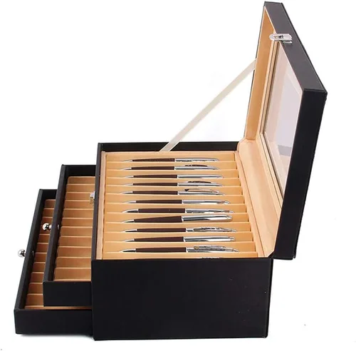 Vista 2 de Caja organizadora de bolígrafos de franela de cuero negro de 36 piezas, caja organizadora de bolígrafos de vidrio con tapa, vitrina de cristal