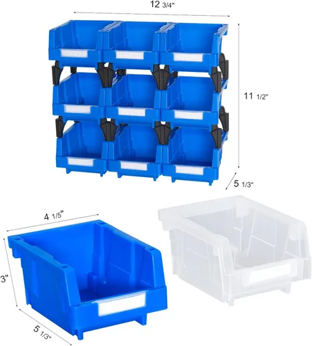 Vista 3 de Pequeños contenedores de almacenamiento apilables de plástico, 5-1/3 x 4-1/5 x 3, azul, paquete de 9