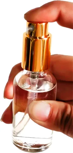 Vista 6 de Paquete de 12 botellas de vidrio transparente de 1 onza para aceites esenciales, botella de spray pequeña, aerosol de niebla fina, rociador dorado