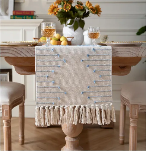 Vista 12 de Camino de mesa bohemio de 13 x 48 pulgadas de largo, tejido de algodón natural con borlas para decoración de mesa de comedor del hogar