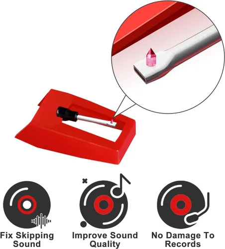 Vista 3 de Paquete de 2 agujas para tocadiscos, repuesto rojo para tocadiscos Crosley, Victrola, vinilo, fonógrafo ION
