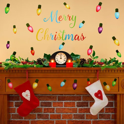 Vista 3 de 91 calcomanías de pared de Navidad, PVC, luces de Feliz Navidad, bombillas de pared para decoración de Navidad