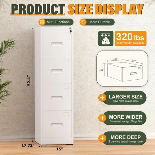 Vista 3 de Greenvelly Archivador de 4 cajones con cerradura, archivador de metal para oficina en casa, archivador vertical con bloqueo, archivador de 18 Blanco