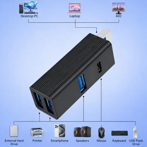 Vista 4 de Hub USB de 4 puertos, divisor USB de aluminio para portátil con puerto de alimentación de 5 V, adaptador extensor mini USB para PC, portátil, unidad