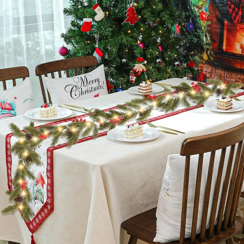 Vista 6 de CCINEE - Guirnalda de Navidad con luces, 1,8 m, funciona con pilas, guirnalda de pino de Norfolk preiluminada con 35 LEDs, bayas rojas, conos