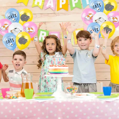 Vista 6 de Zhanmai 106 piezas de suministros de fiesta de cumpleaños con temática de gato, incluyen una bonita pancarta de feliz cumpleaños, remolinos