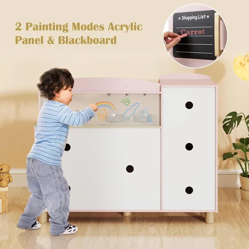 Vista 4 de INFANS Juego de cocina para niños, juego de juguetes de cocina de madera para niños pequeños con tablero de dibujo acrílico, máquina de hielo