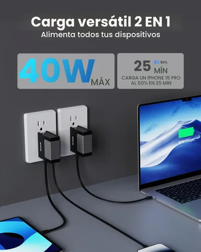 Vista 3 de Gitryin - Cargador de pared USB retráctil GaN de 40 W, cable tipo C de 33.5 pulgadas, 2 USB C